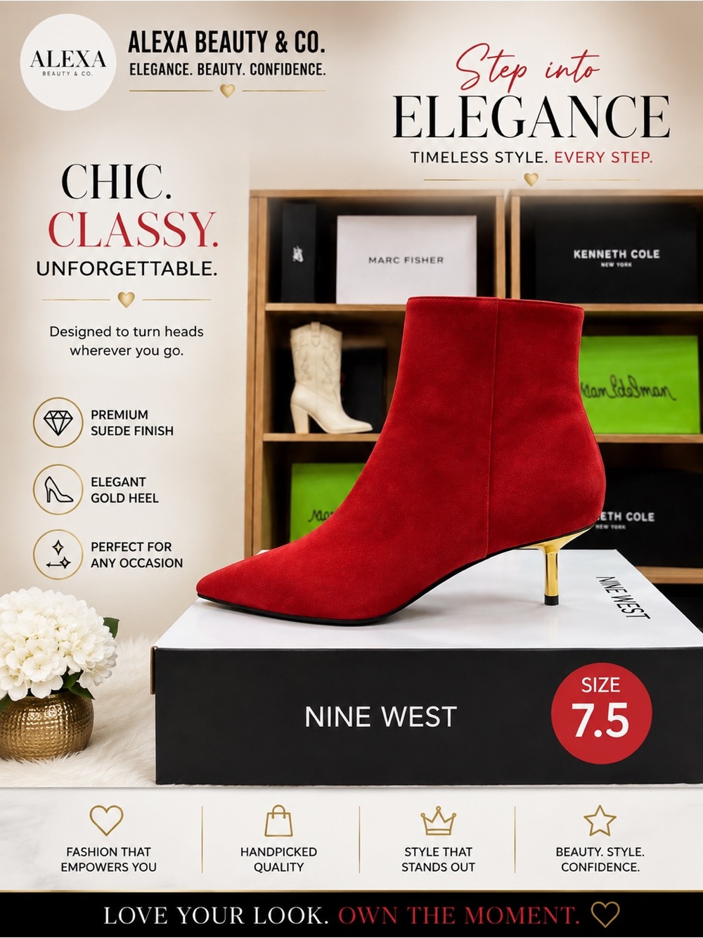 Nine West Red Suede Ankle Boot with Gold Kitten Heel